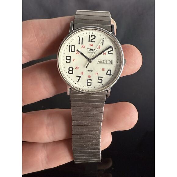 Timex Watch Men Silver Stainless St Stretch WR Batt Day Date 24hr White Quartz - Picture 10 of 10